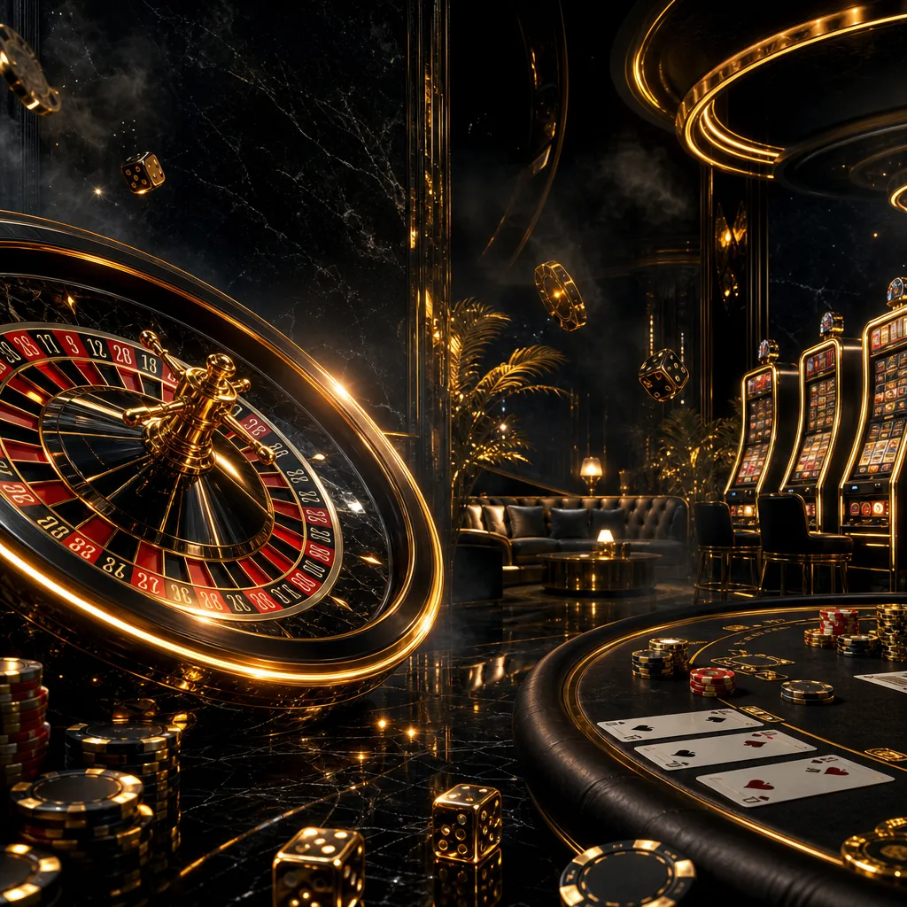 Premium casino hero image with glowing roulette wheel, golden slot machines, poker table with chips, dice, and neon lights on